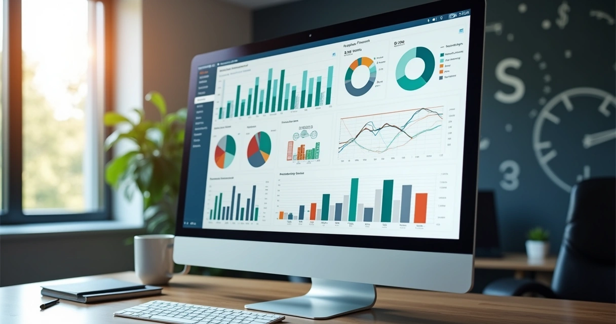 Dashboard financeiro digital com gráficos coloridos em computador moderno 