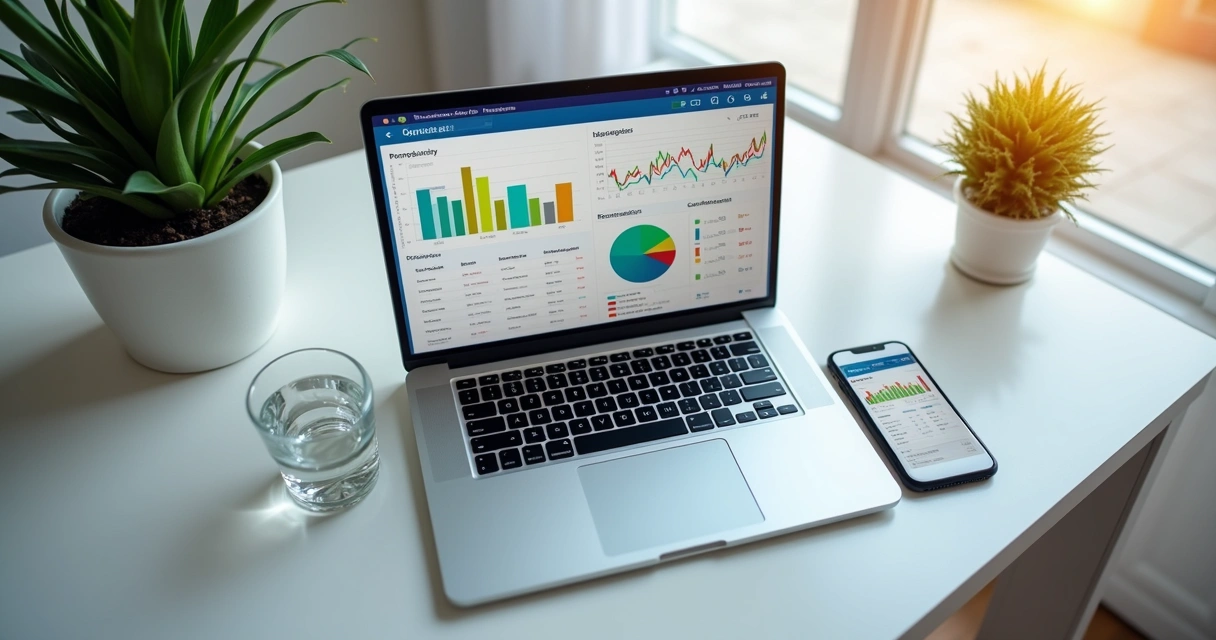 Relatório financeiro digital exibido em laptop e smartphone
