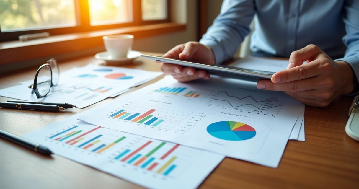 Relatórios financeiros e gráficos coloridos na mesa 
