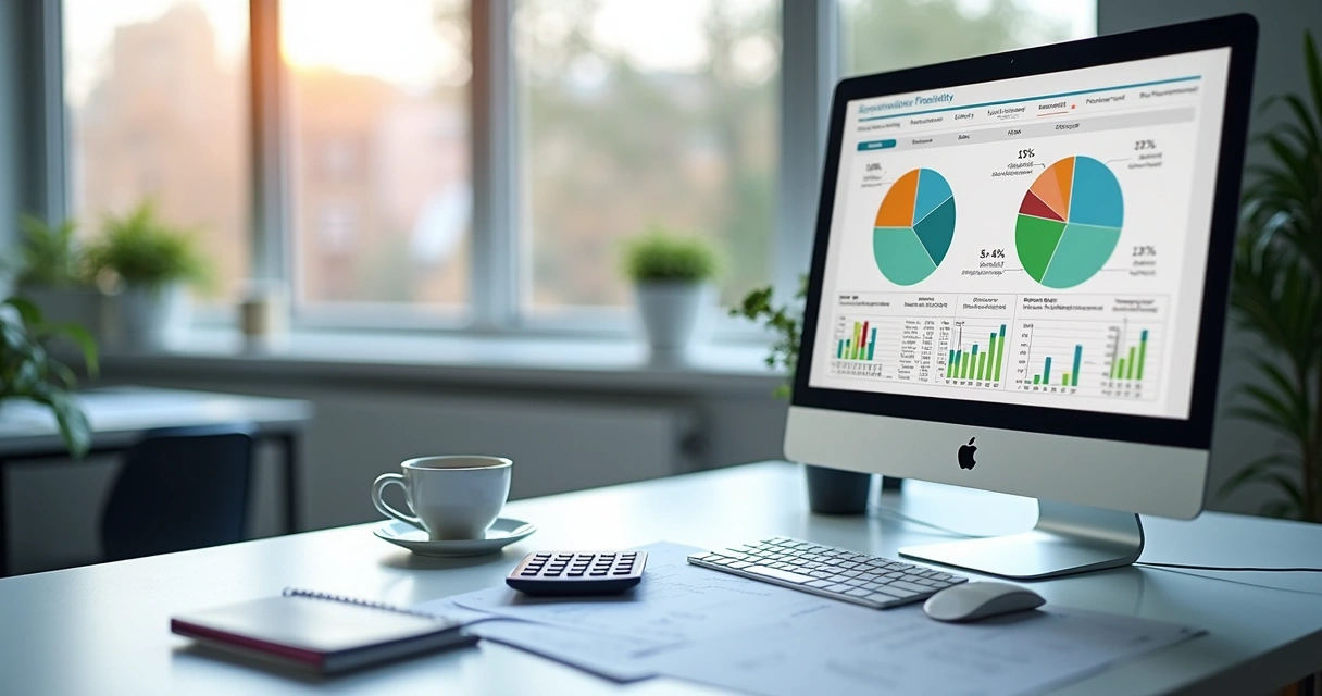 Tela de relatório financeiro empresarial com gráficos coloridos e tabelas em fundo claro 