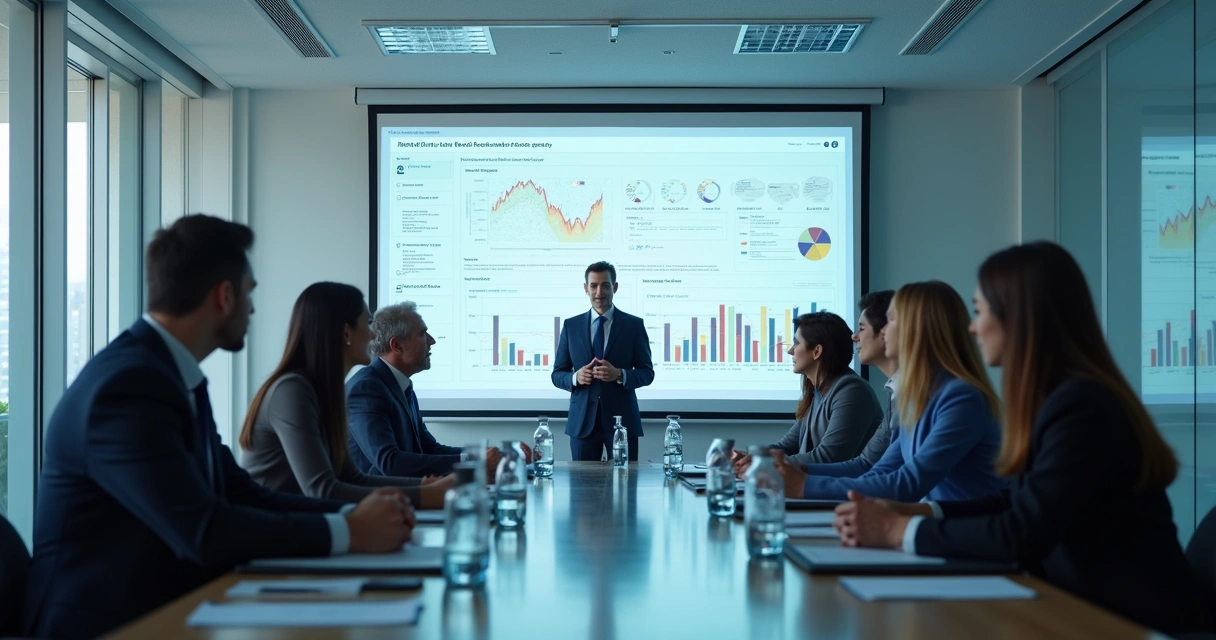 Relatório financeiro colorido em tela grande de reunião 