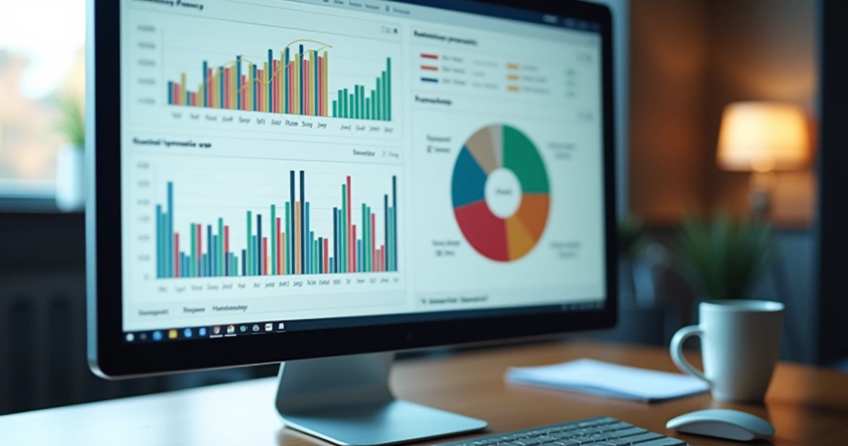 Relatório financeiro detalhado sobre tela de computador com gráficos coloridos 