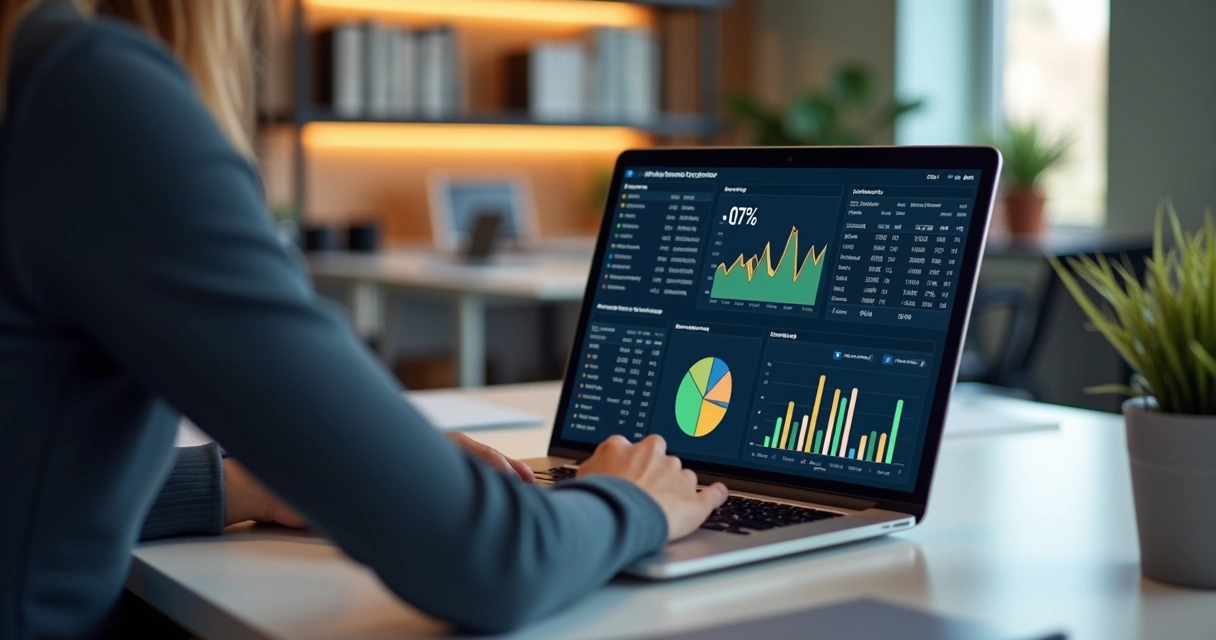 Tela de ERP mostrando relatórios financeiros detalhados em um notebook