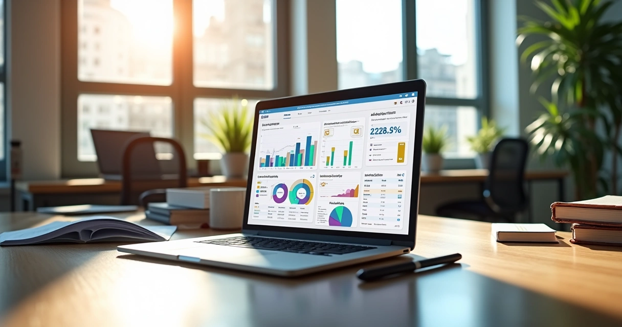 Relatório financeiro gráfico colorido na tela de notebook em escritório 