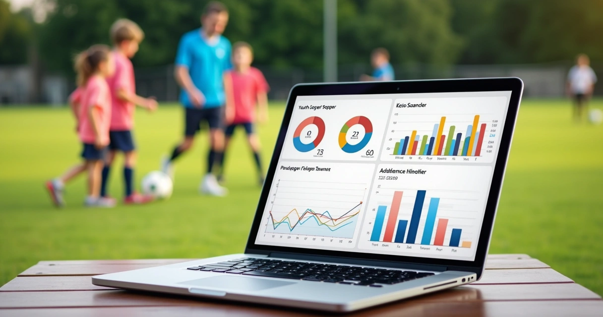 Gráfico financeiro em tela de laptop em ambiente esportivo