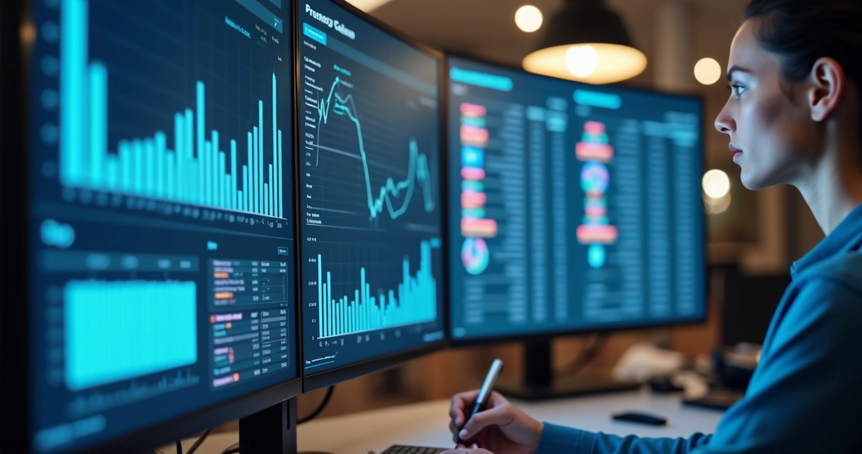 Dashboard de ERP com relatório financeiro e de estoque aberto