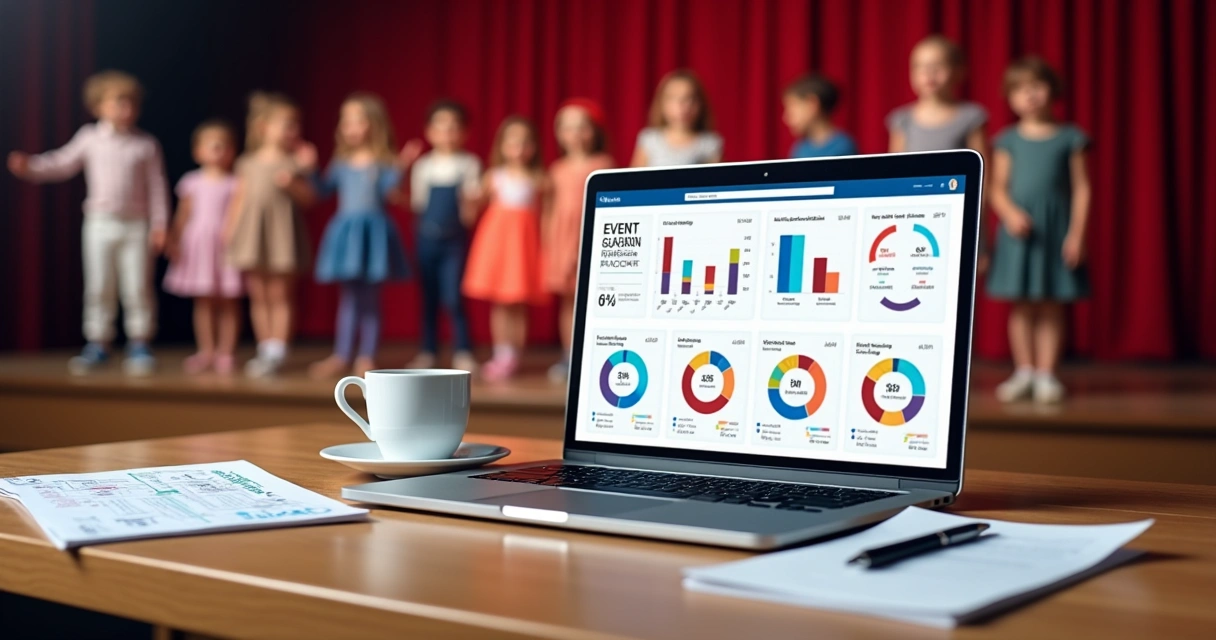 Relatório digital de evento escolar mostrado em notebook 