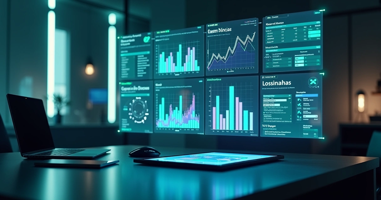 Painel de dados financeiros de fintech flutuando em formato holográfico sobre mesa de trabalho 