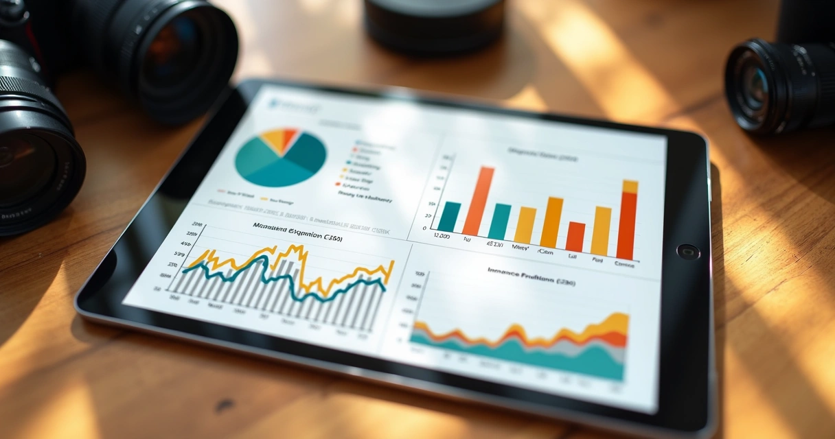 Relatório financeiro colorido com gráficos para fotógrafo 