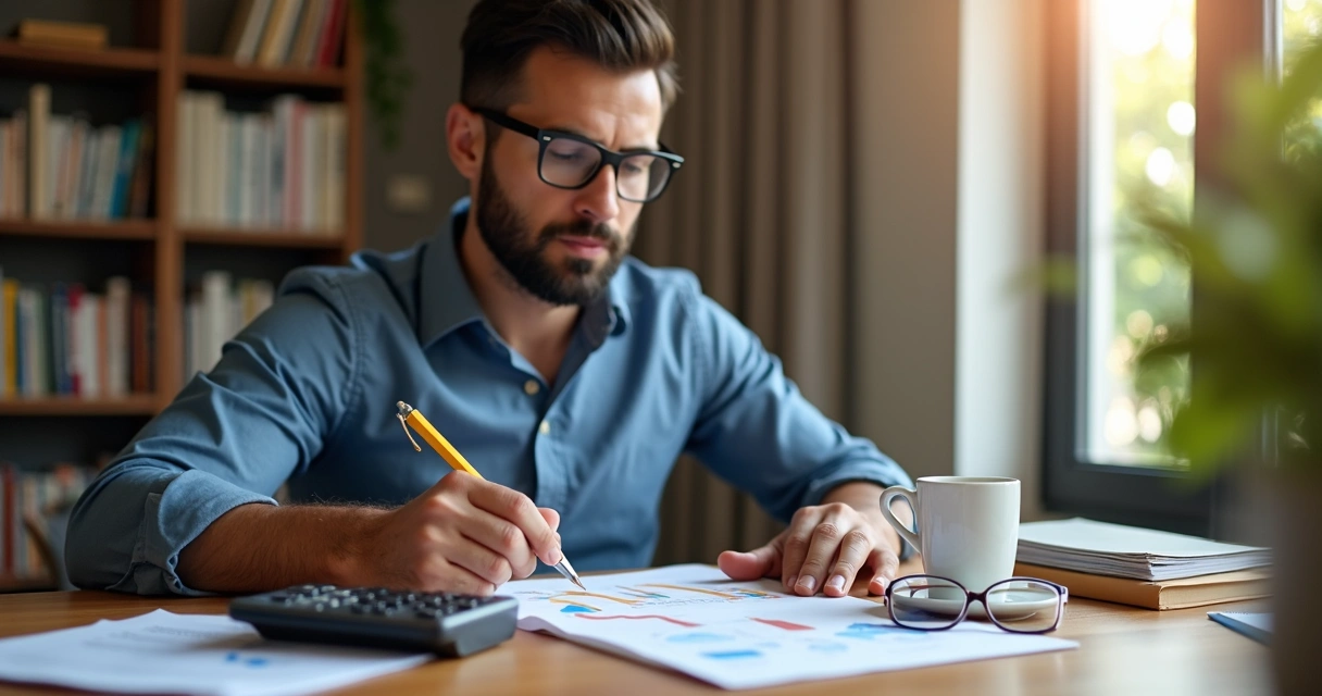 Empresário analisando relatório financeiro colorido 