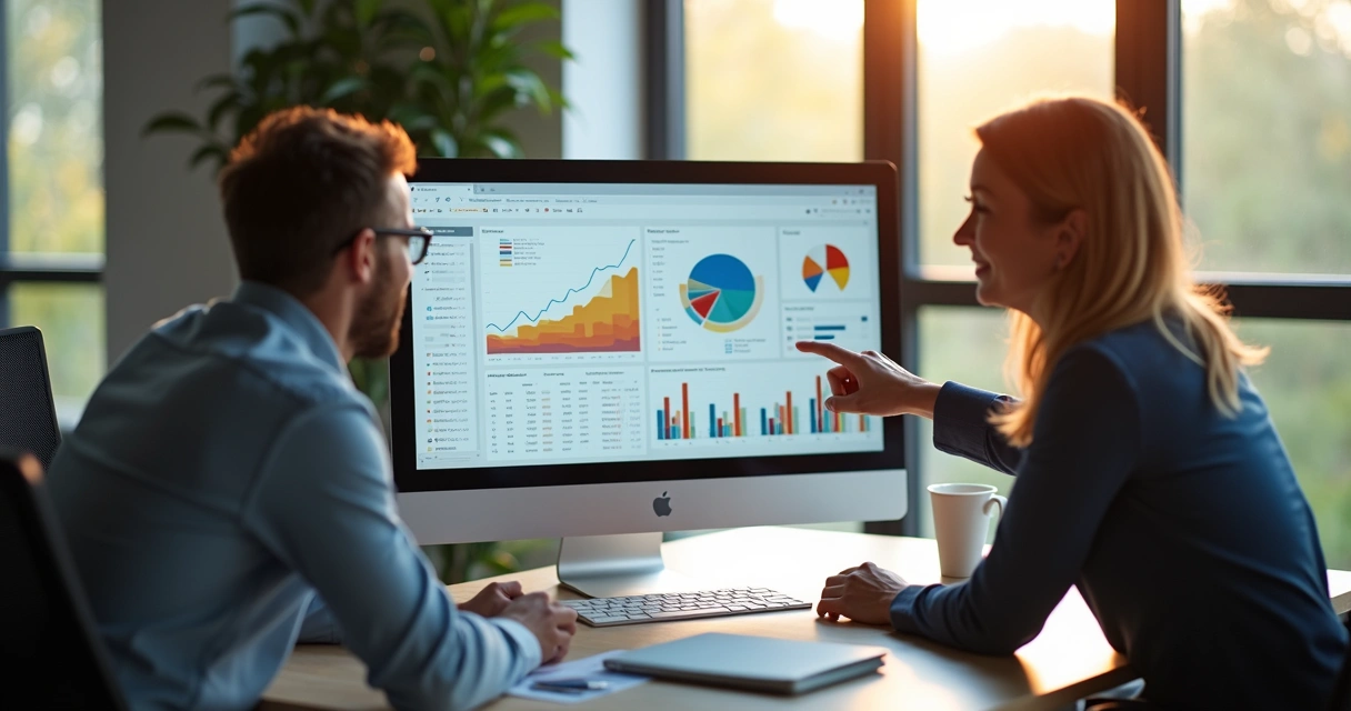 Relatório financeiro gerado por IA, mostrando gráficos e tabelas em tela de computador 