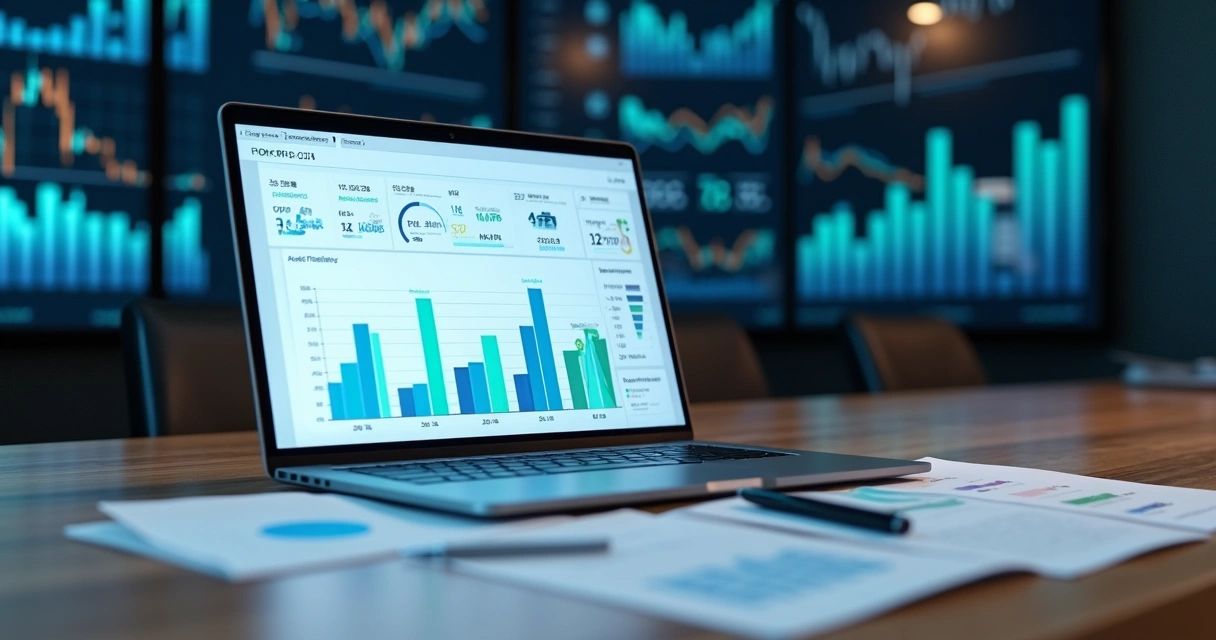 Relatório financeiro digital sendo analisado em notebook em mesa de escritório. 