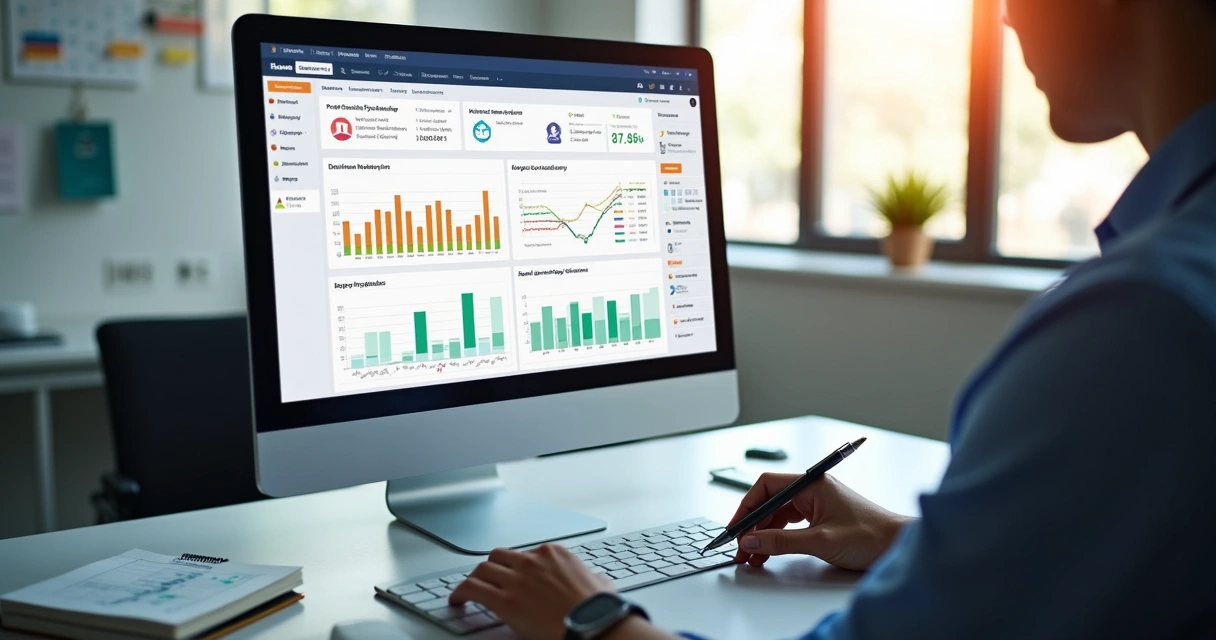 Relatório financeiro em tela de computador com indicadores e alertas de inadimplência 