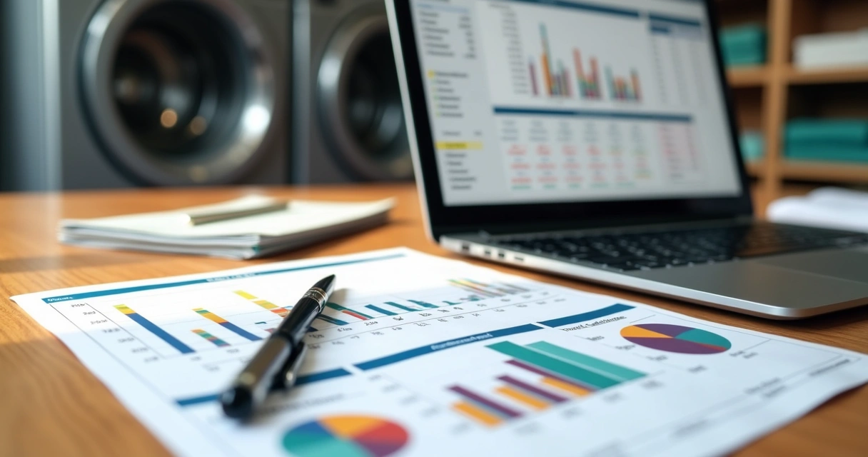 Relatório financeiro impresso com gráficos coloridos junto a computador 