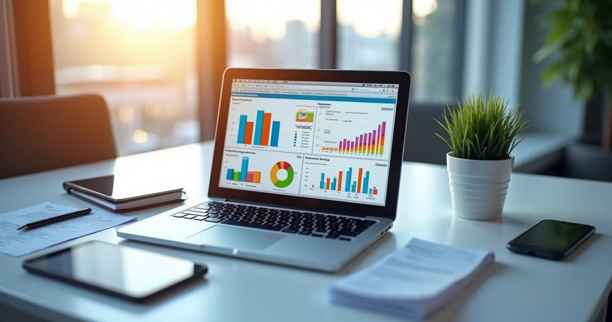 Relatório financeiro digital sendo exibido em tela de notebook 