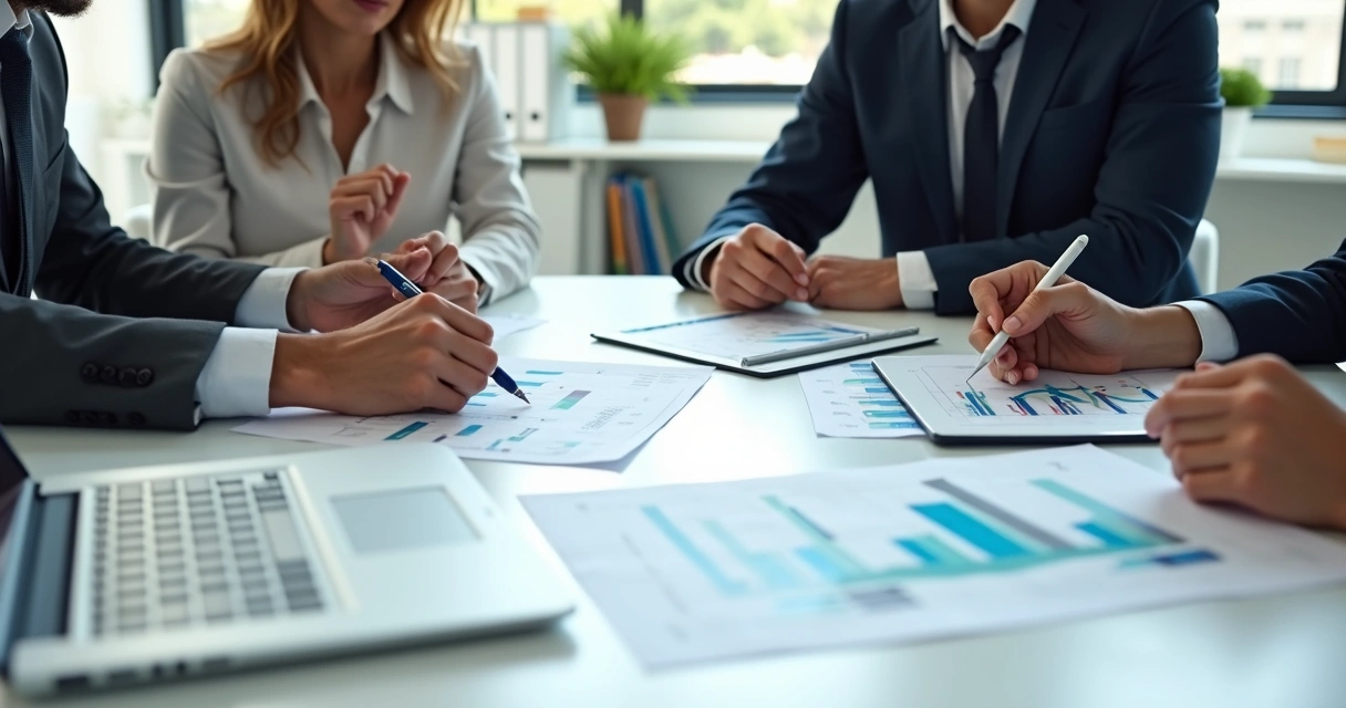Equipe reunida em mesa redonda analisando relatórios financeiros impressos e digitais 