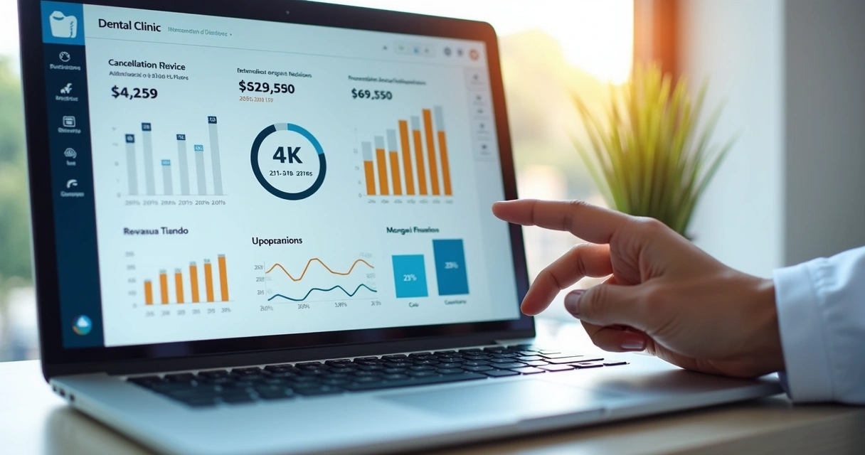 Relatório financeiro digital destacando métricas de odontologia 