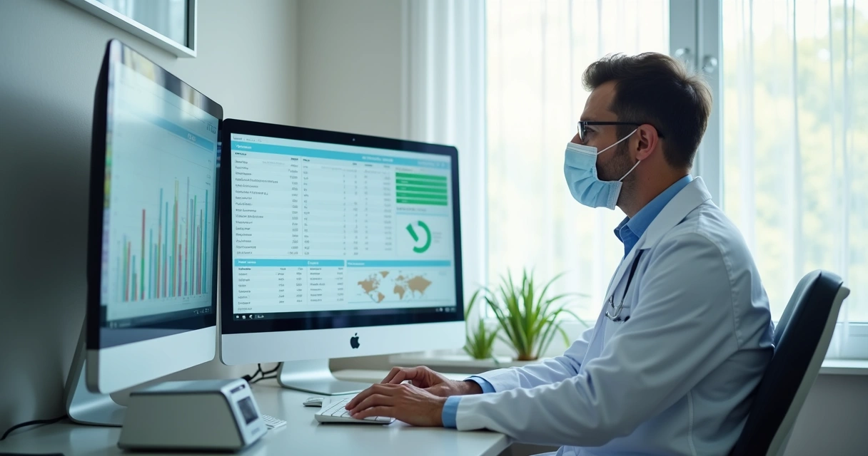 Dentista analisa relatório financeiro digital na clínica