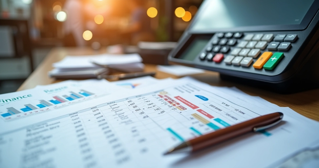 Relatórios financeiros do PDV com gráficos e comprovantes sobre balcão 