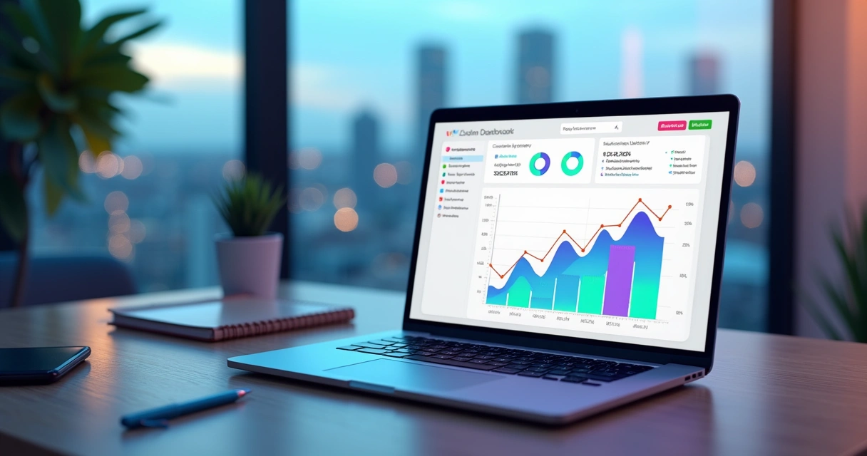 Dashboard financeiro personalizado com gráficos coloridos em tela de notebook 