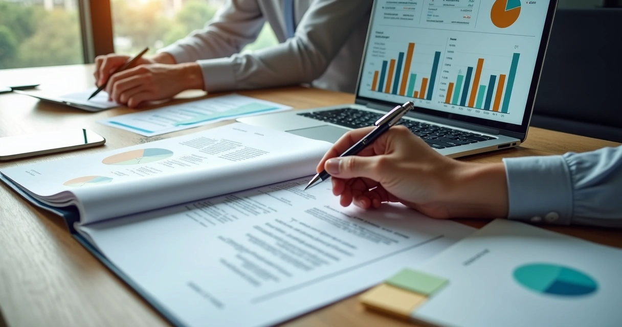 Relatório financeiro aberto destacando gráficos claros ao lado de contrato de serviço 