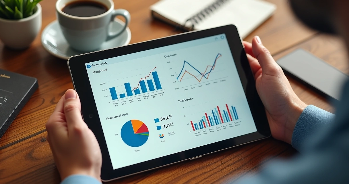 Relatório financeiro digital de restaurante em tablet. 