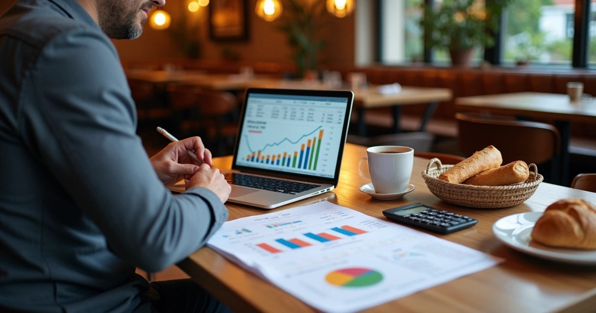 Dono de restaurante analisando relatório financeiro ao lado de pratos e notebook 