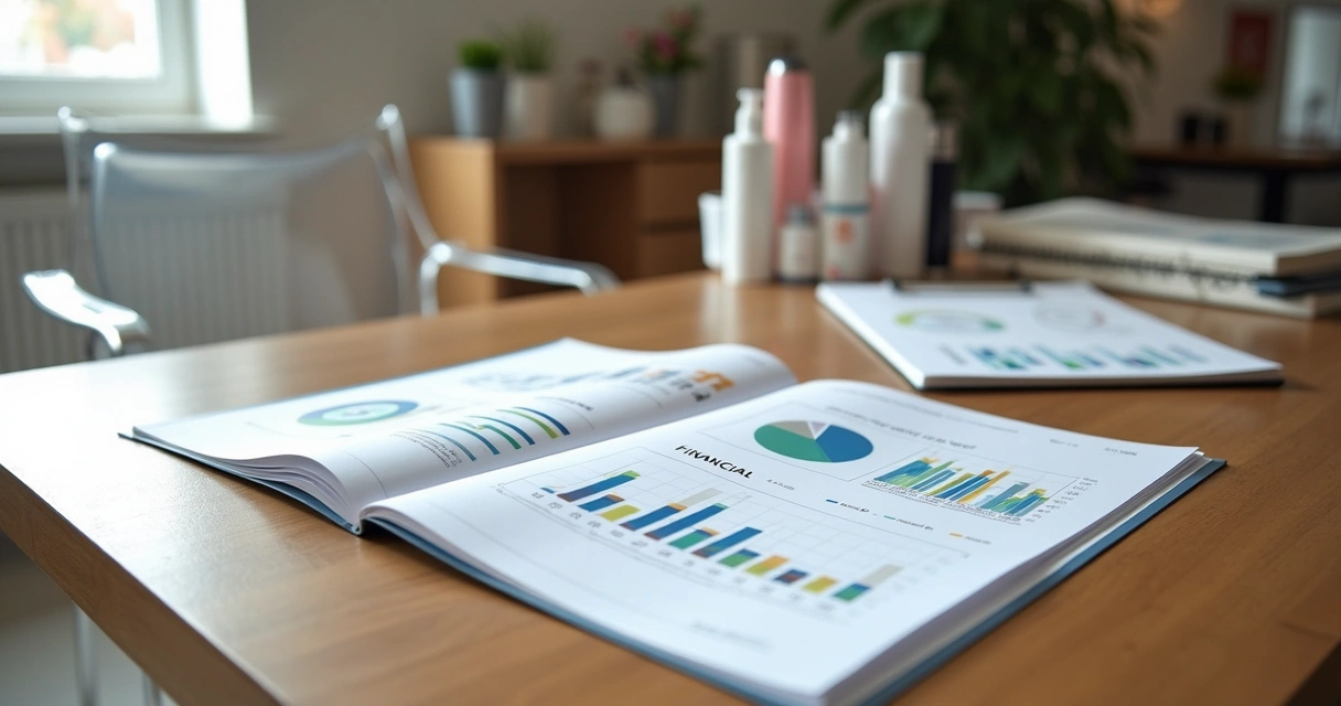Relatório financeiro colorido de salão de beleza aberto com gráficos 