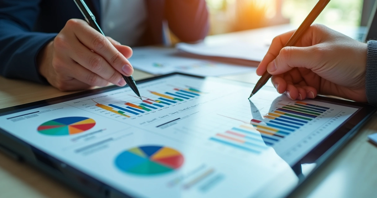 Relatório financeiro visual com gráficos coloridos 