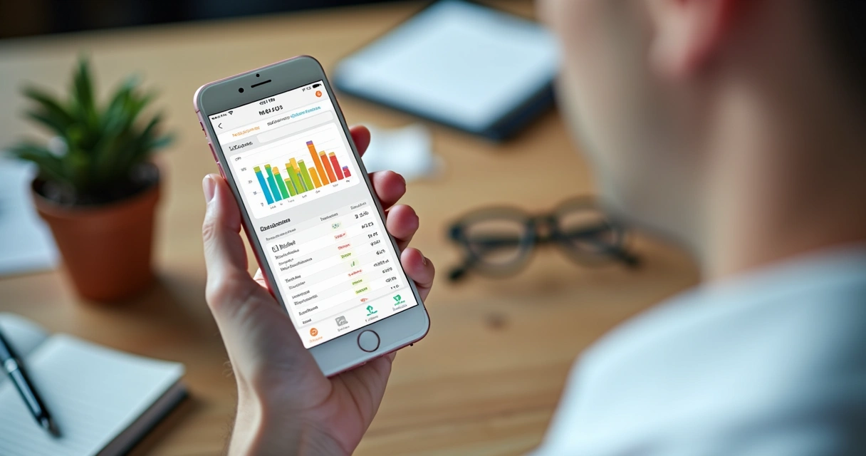 Relatório financeiro colorido em tela de celular 