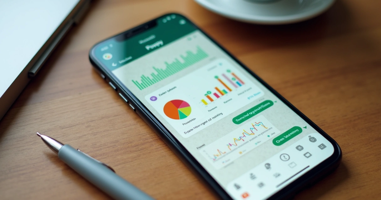 Relatório financeiro colorido exibido na tela do WhatsApp, com gráficos circulares e históricos de despesas mensais. 