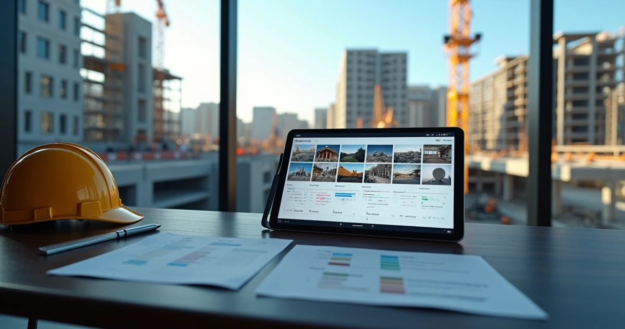 Tela de tablet mostrando relatório fotográfico automático de obra em montagem urbana ao fundo 