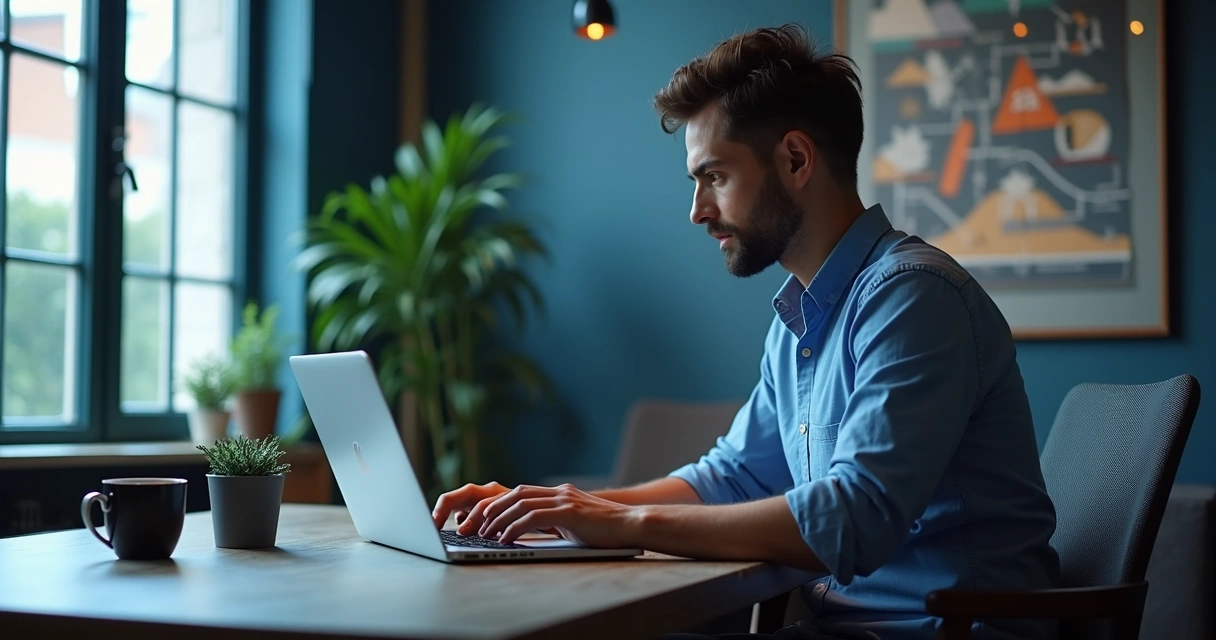 Freelancer preenchendo relatório digital em mesa com notebook e papéis 