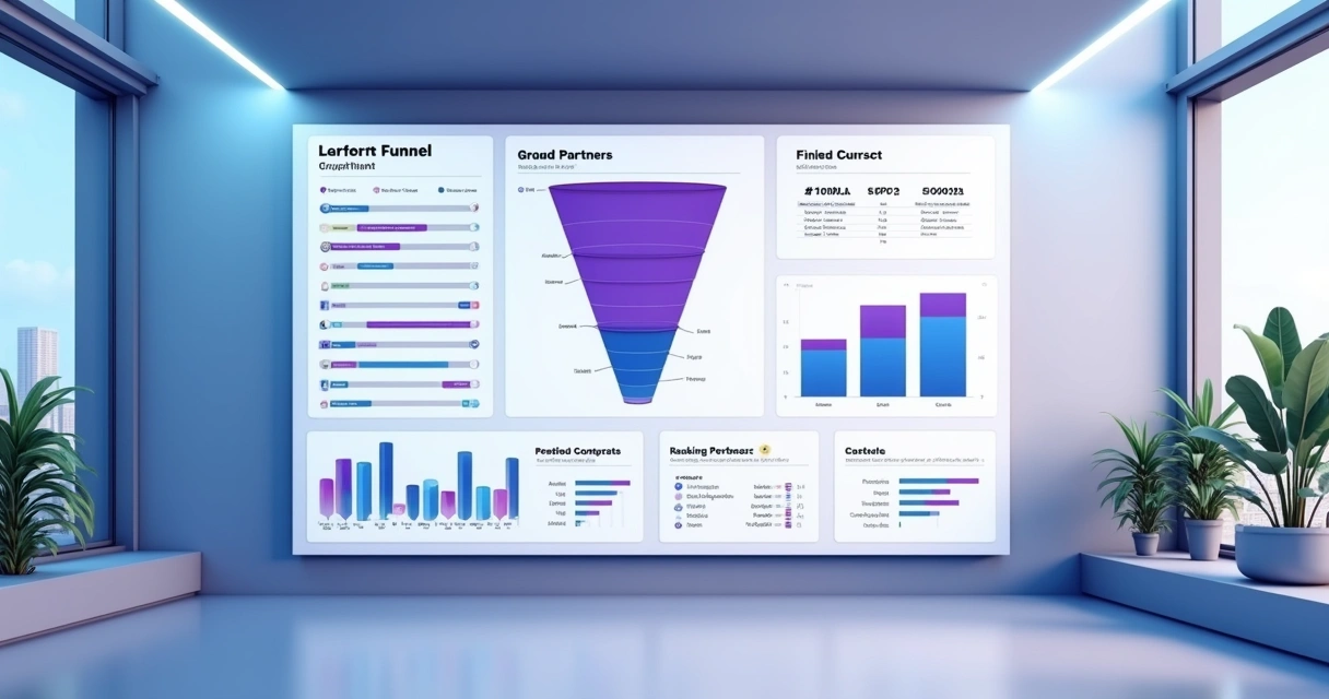 Dashboard digital mostra funil de indicações jurídicas com ranking de parceiros 