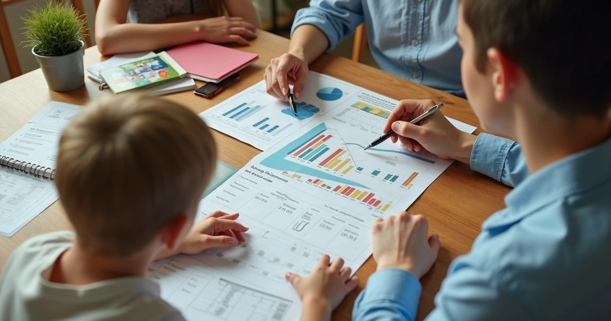 Família reunida analisando um relatório financeiro impresso colorido em cima da mesa 
