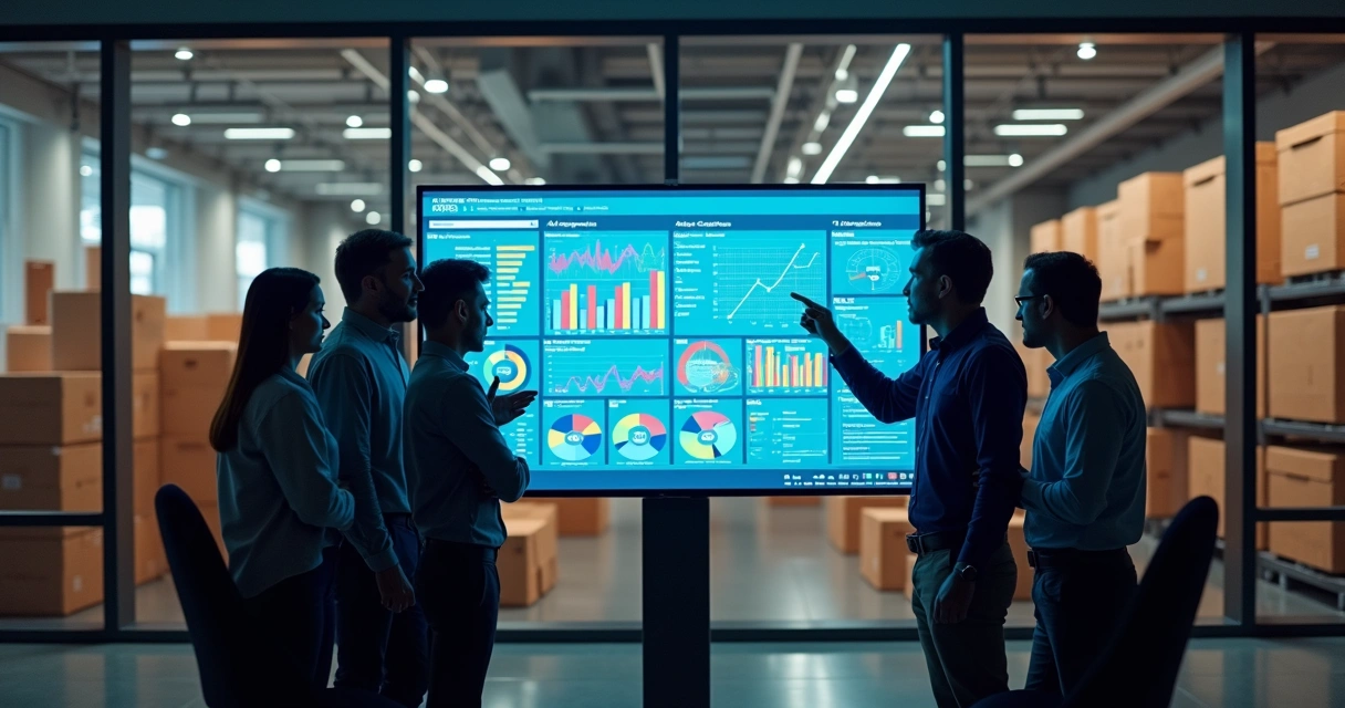 Gráfico de desempenho em tela de sistema em distribuidora com equipe analisando 