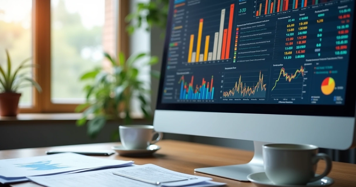 Tela de relatório gerencial ERP com gráficos coloridos em ambiente de escritório 