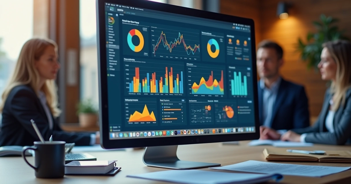 Dashboard de ERP com gráficos e dados na tela em escritório