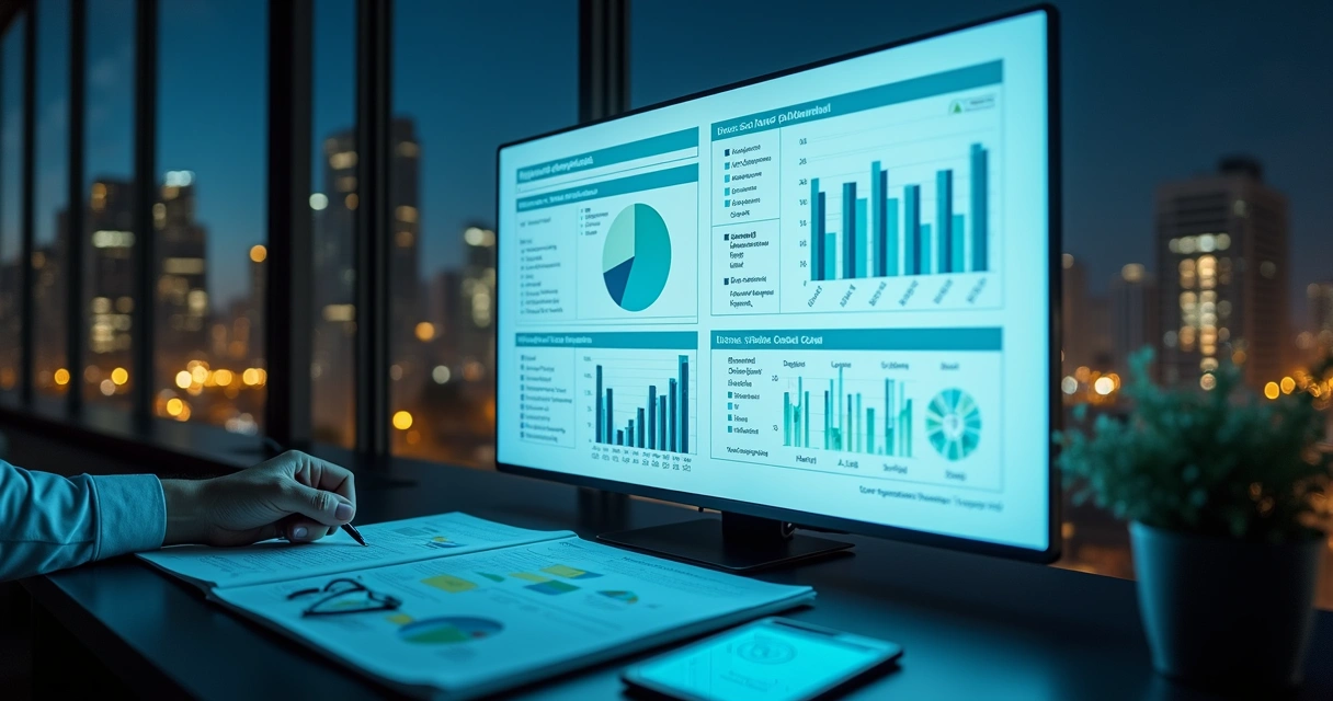 Analista marca pontos em painel digital com relatório de fundo imobiliário 