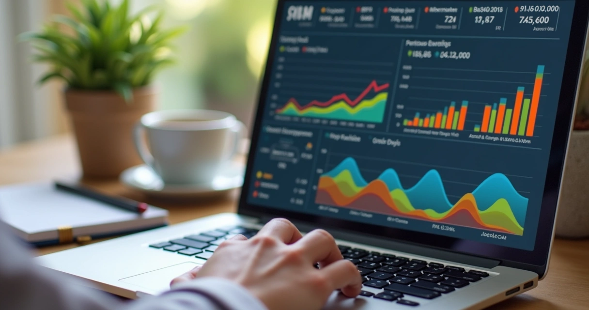 Relatório gerencial exibindo gráficos de crescimento e controle em notebook 