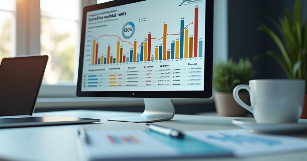 Relatório gerencial de aluguel mostrando gráficos e dados de reajuste e inadimplência