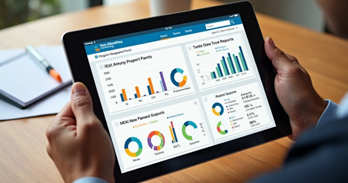Relatório digital de gestão de aluguel exibido em tablet 