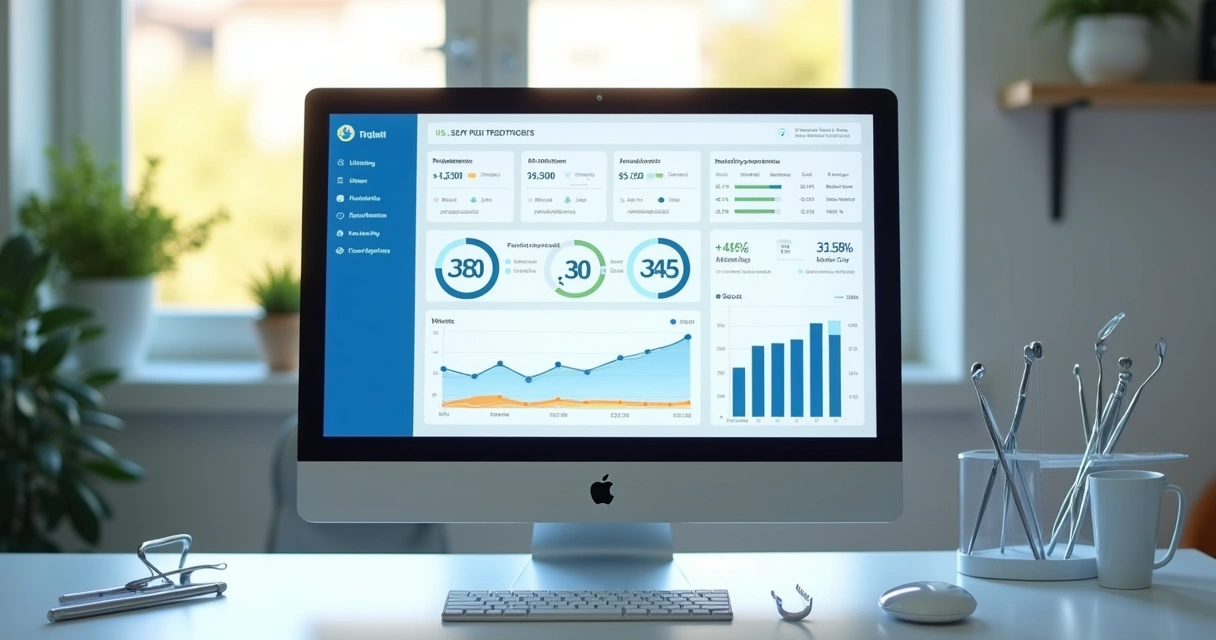 Dashboard digital com gráficos de desempenho de clínica odontológica