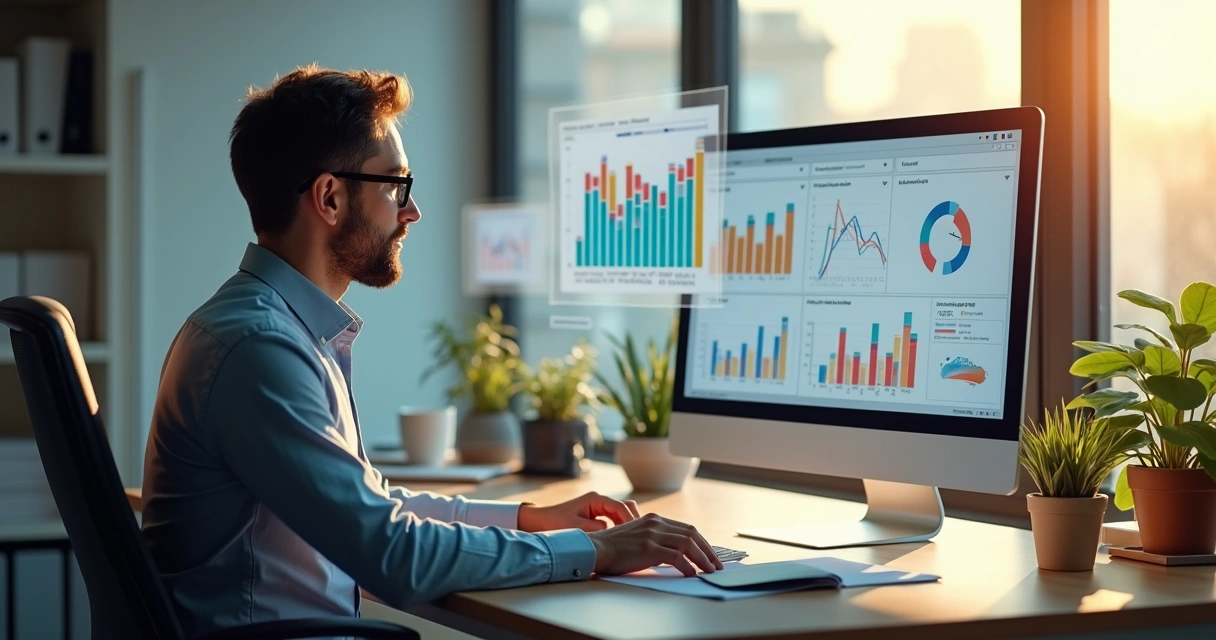 Gestor analisando relatórios de estoque e vendas em um computador com gráficos coloridos 