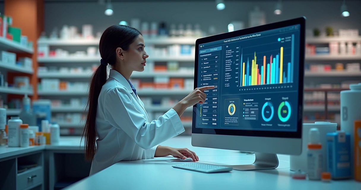 Relatório digital aberto em computador de balcão de farmácia mostrando gráficos de estoque e vendas 