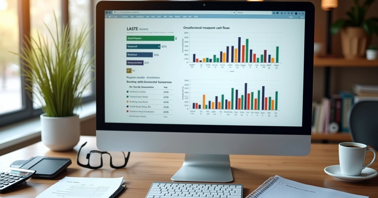 Relatório de previsão financeira com gráfico de barras e linhas 