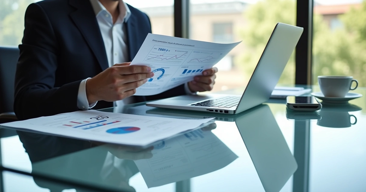 Gestor analisando relatório financeiro ao lado de notebook 