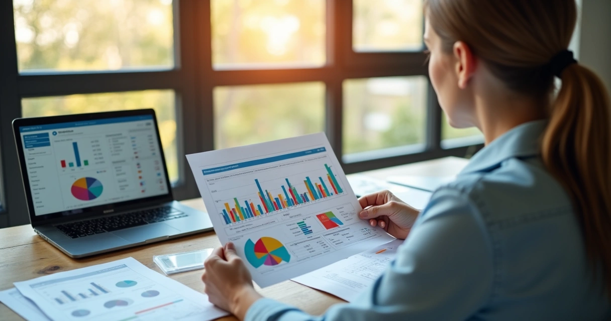 Gestora analisando relatório de gestão financeira com gráficos, sentado à mesa 