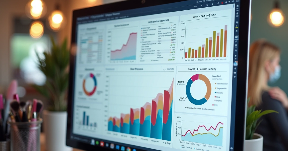 Relatório financeiro em tela de computador de salão de beleza 