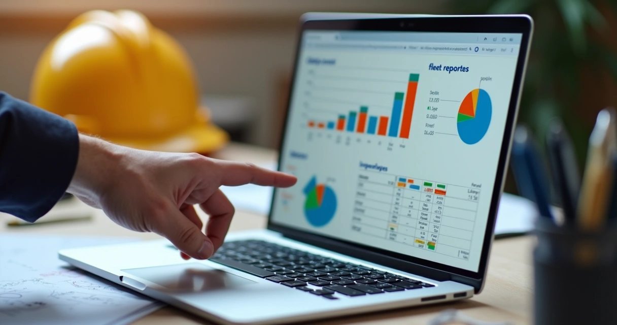 Pessoa apontando para relatório colorido sobre frotas na tela de notebook